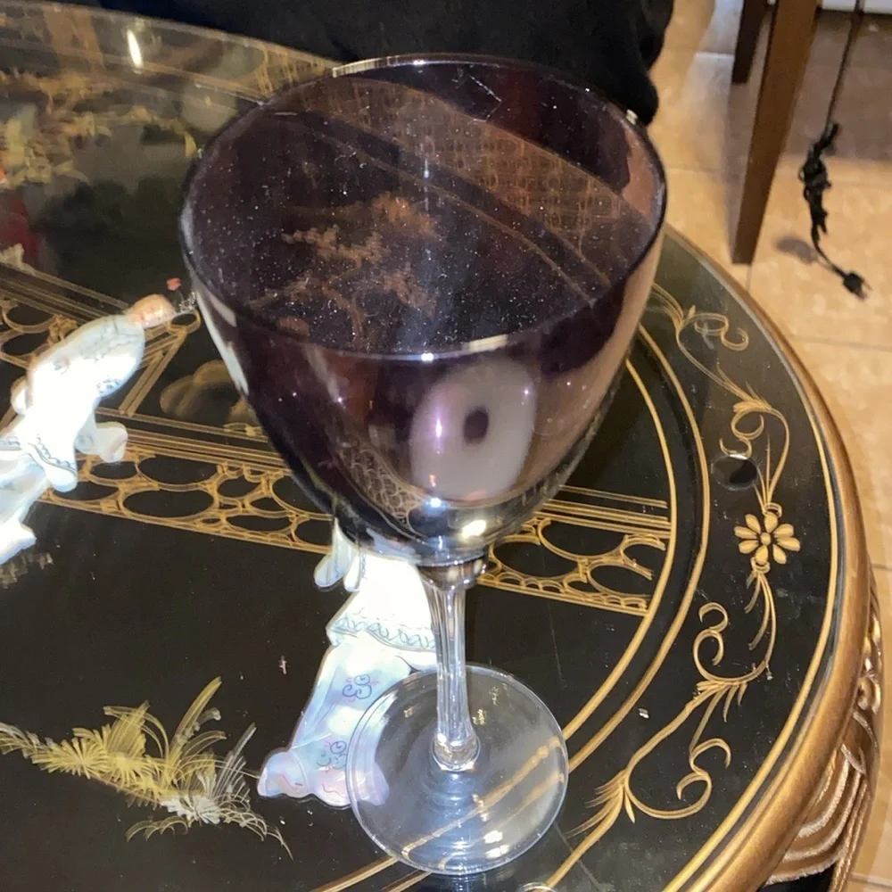 Murano Art Glass Hand Blown Clear Ribbed Stem Tall 9.75”Fine Wine Glass purple